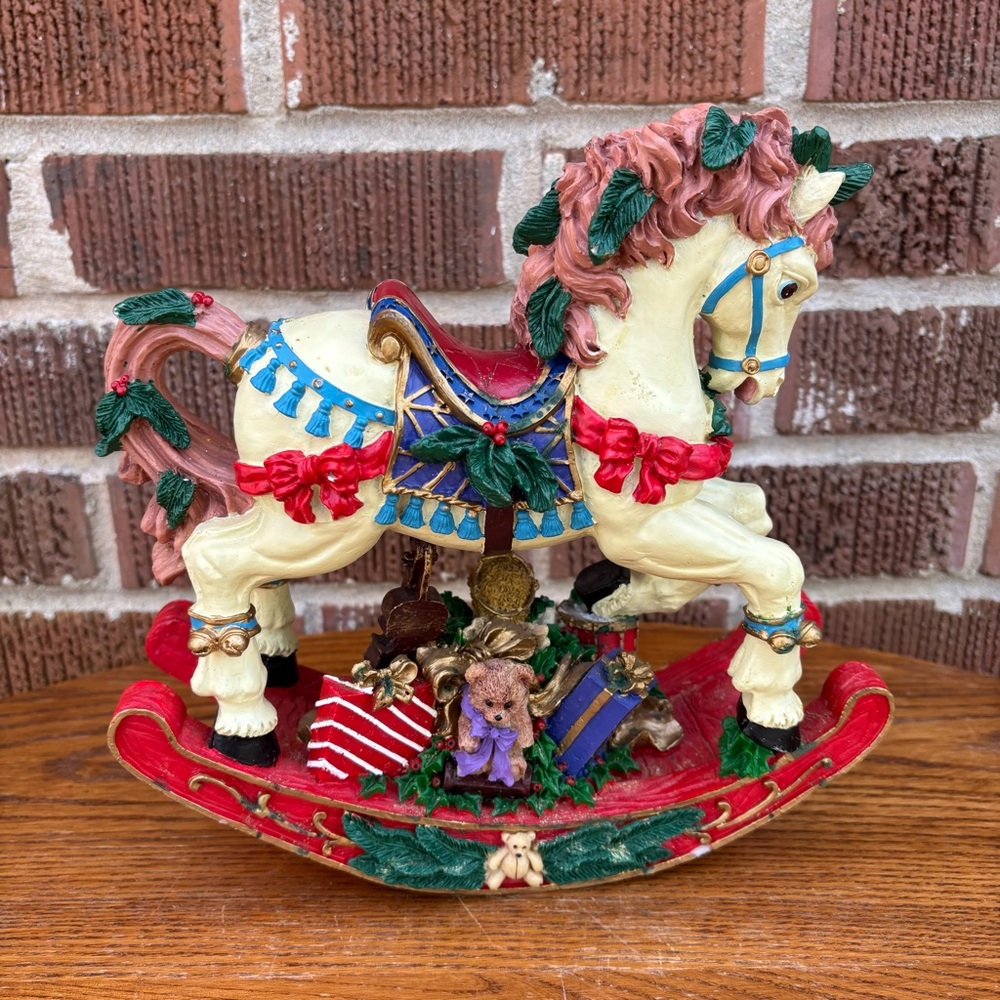 Christmas Holiday Resin Rocking Horse with gifts doll Teddy Bear